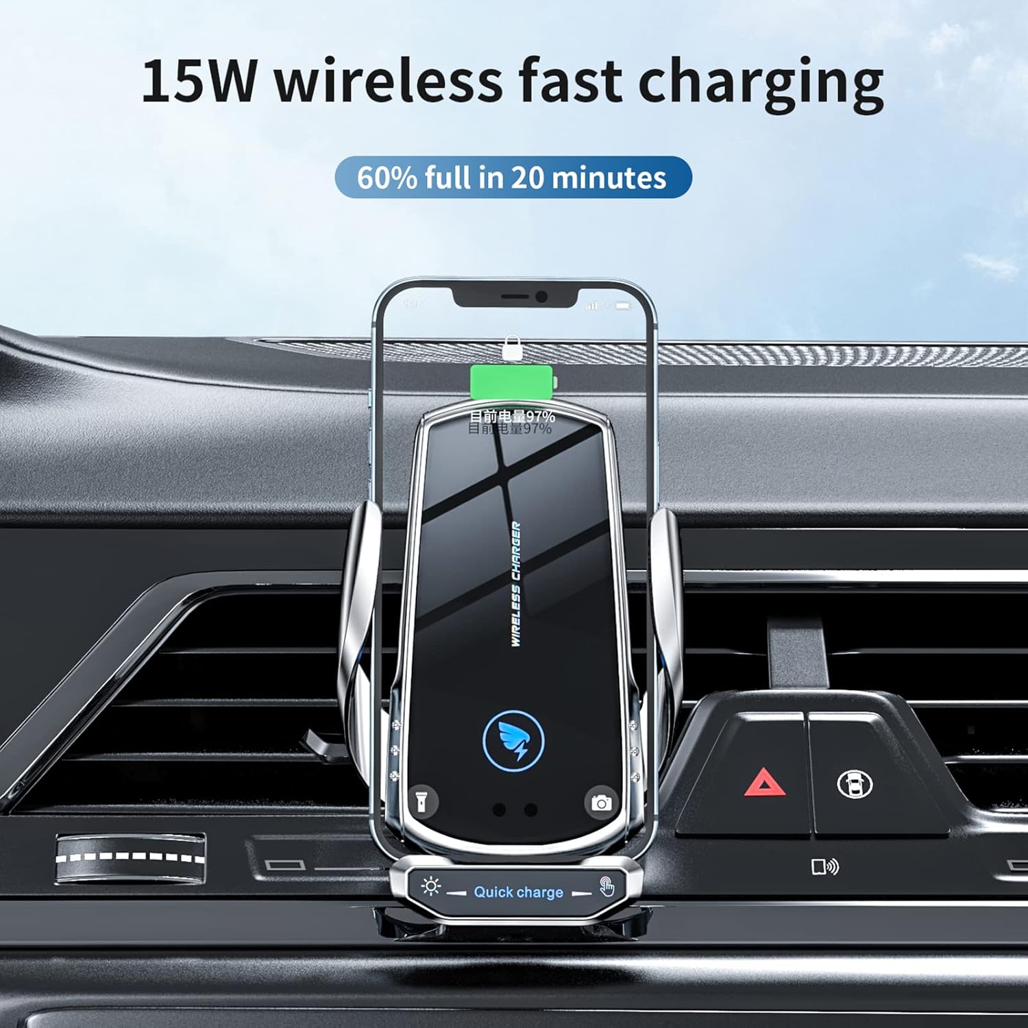 Wireless Car Charger Mount Automotive Electric Induction 15W Fast Charging Auto Clamping Car Phone Holder Mount Wireless Charging Mount Air Vent Phone Holde Compatible with All Android (Silver)