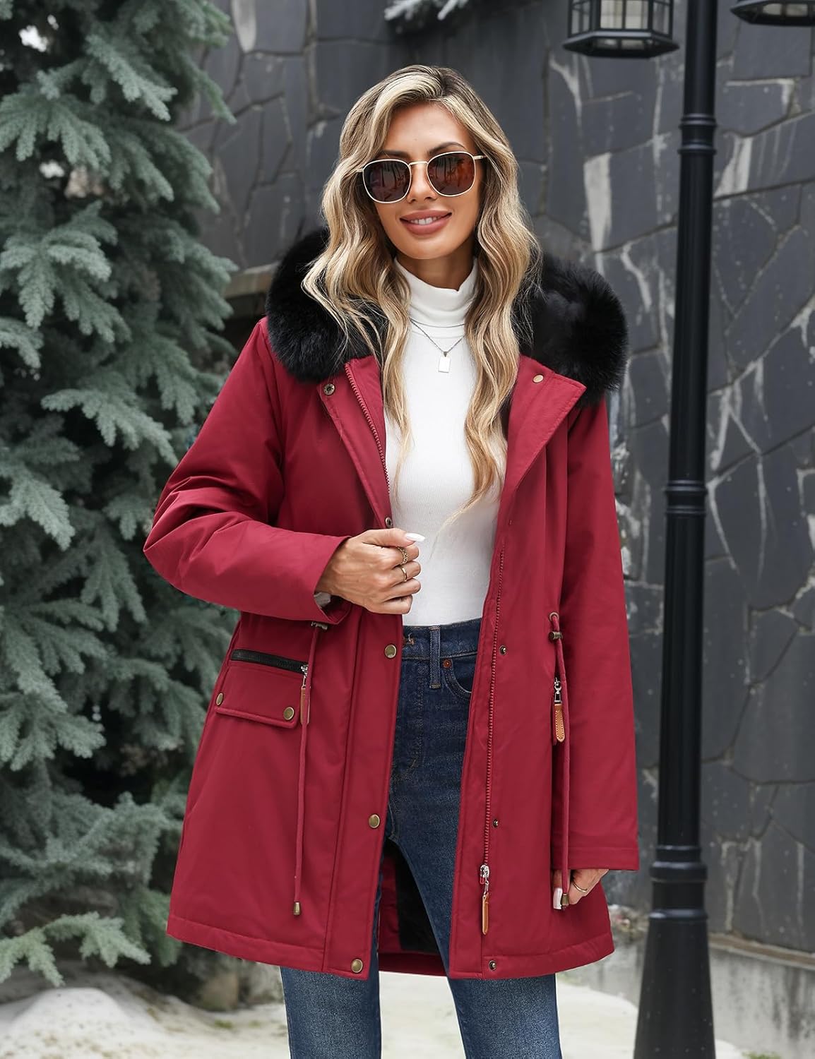 Women's Winter Warm Parka Jacket Fleece Lined Drawstring Thicken Coat Windproof Hooded Sherpa Outerwear - Image 7