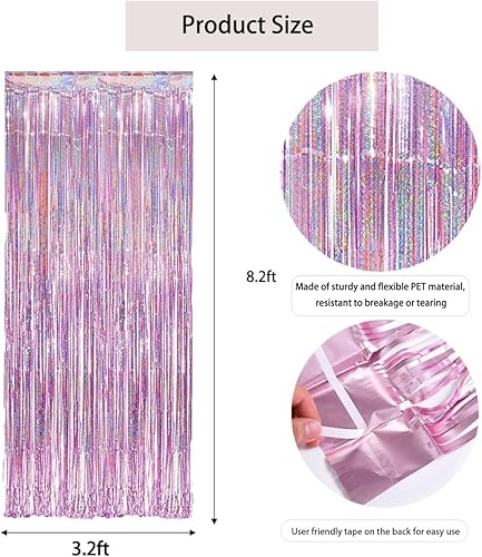 Miniatura 2 de Cortinas de cinta con borlas de aluminio, cortinas de flecos de oropel con purpurina rosa, ideales para fiestas, bodas y más. Cortina de fondo láser