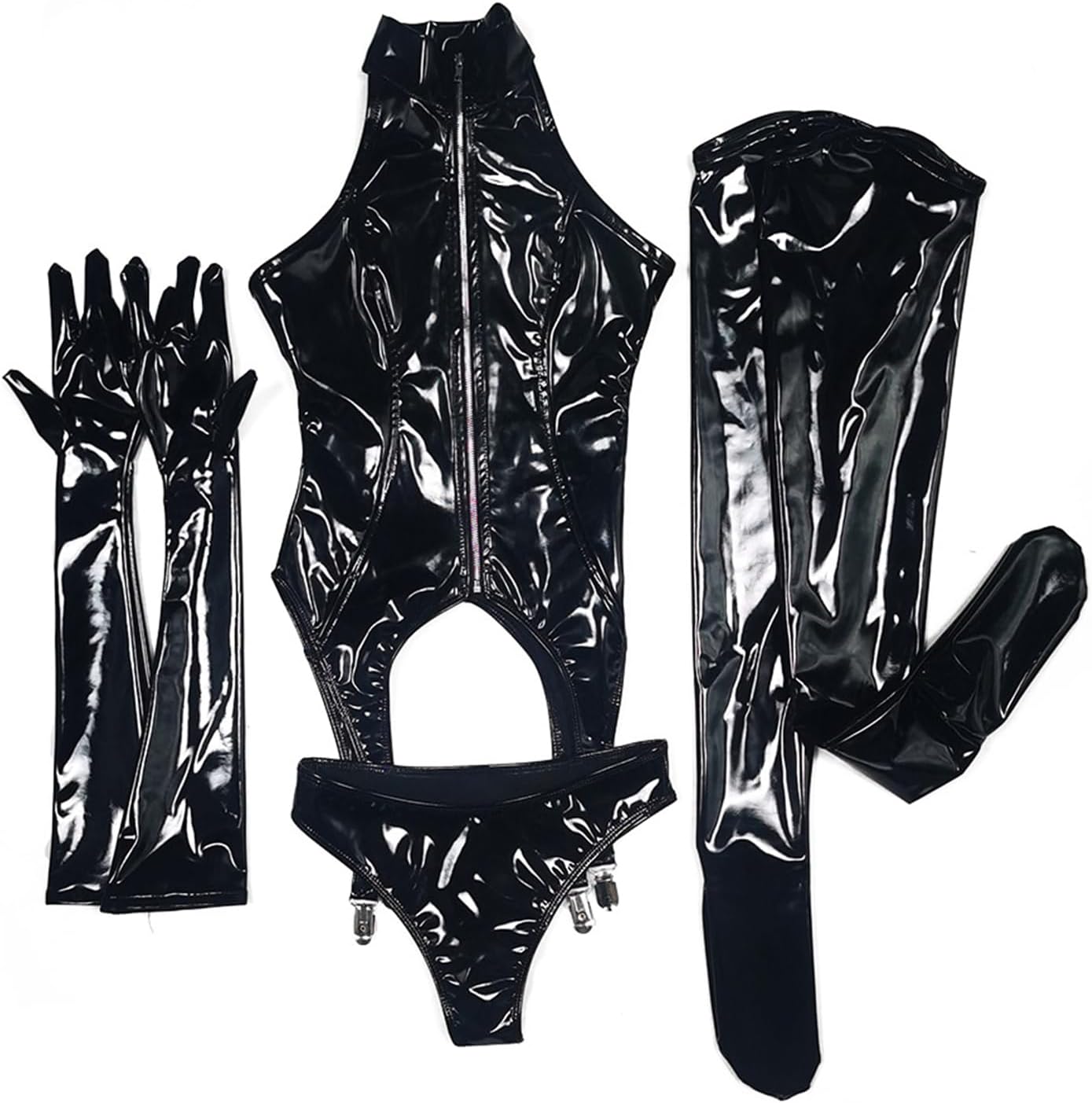 [YCVAZXSE] 女性用光沢のあるフェイクレザーボディスーツセット、手袋と太ももまでのストッキング、パーティーやナイトクラブに最