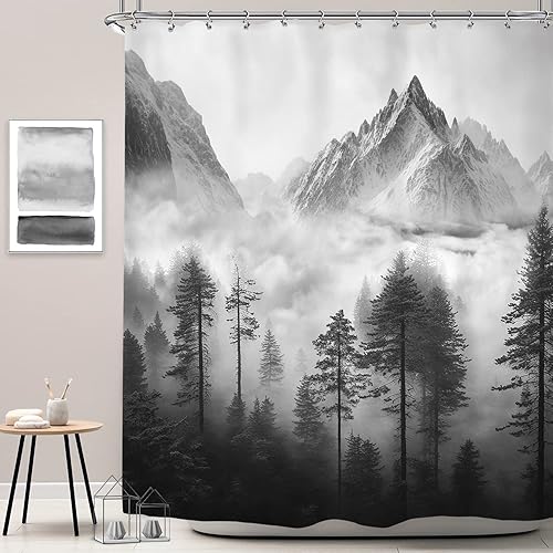 Miniatura 7 de Riyidecor Cortina de ducha brumosa, 60 pulgadas de ancho x 72 pulgadas de alto, montaña ahumada, niebla fría, oscura, árbol natural, bosque,