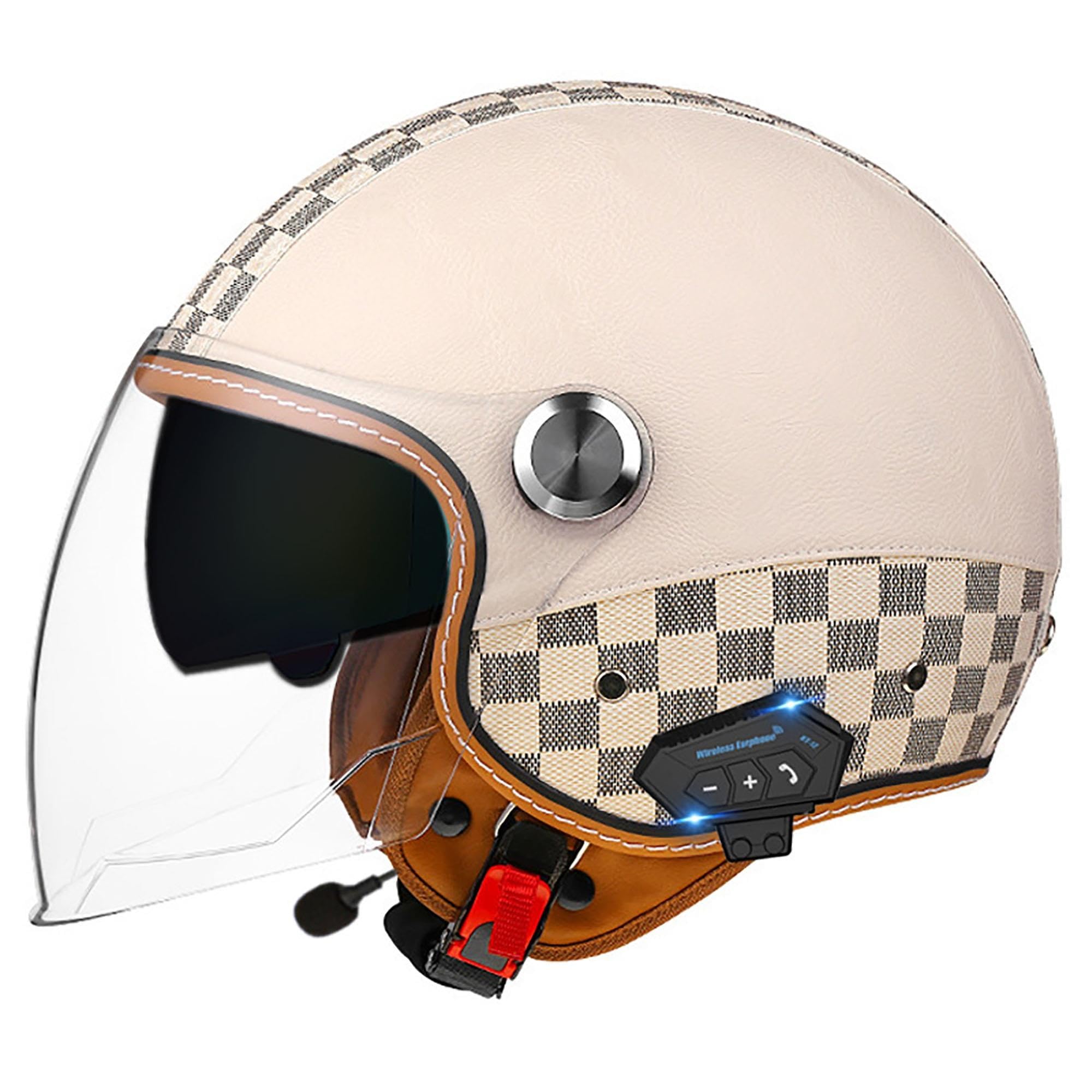 Casco Scooter Homologado ECE, Casco Moto Jet Abierto Vintage en Cuero PU con Auricular Bluetooth Gafas Integradas para Ciclomotor Custom Cruiser Adulto