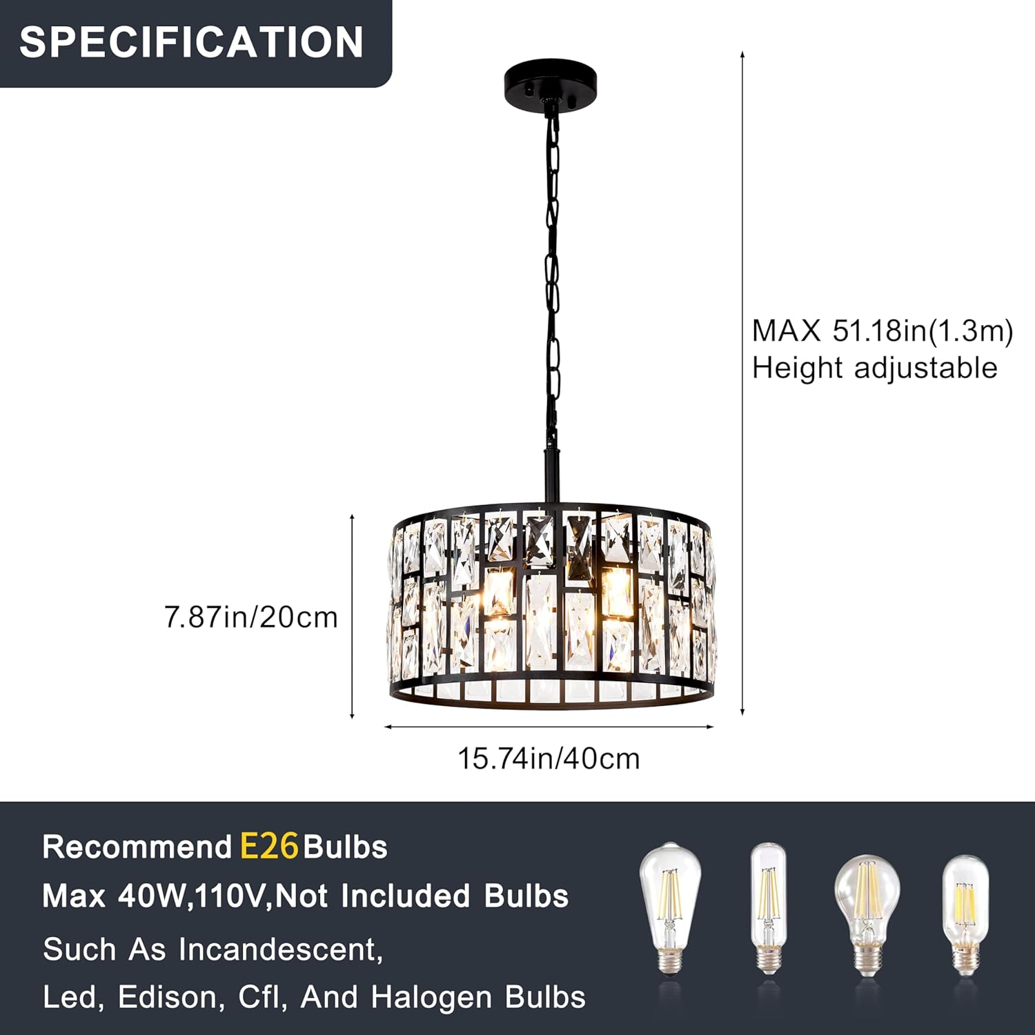 Modern Elegant Crystal Pendant Light Fixture, Matte Black Finish Hanging Lighting Crystal Chandelier for Living Room,Kitchen Island & Entryway