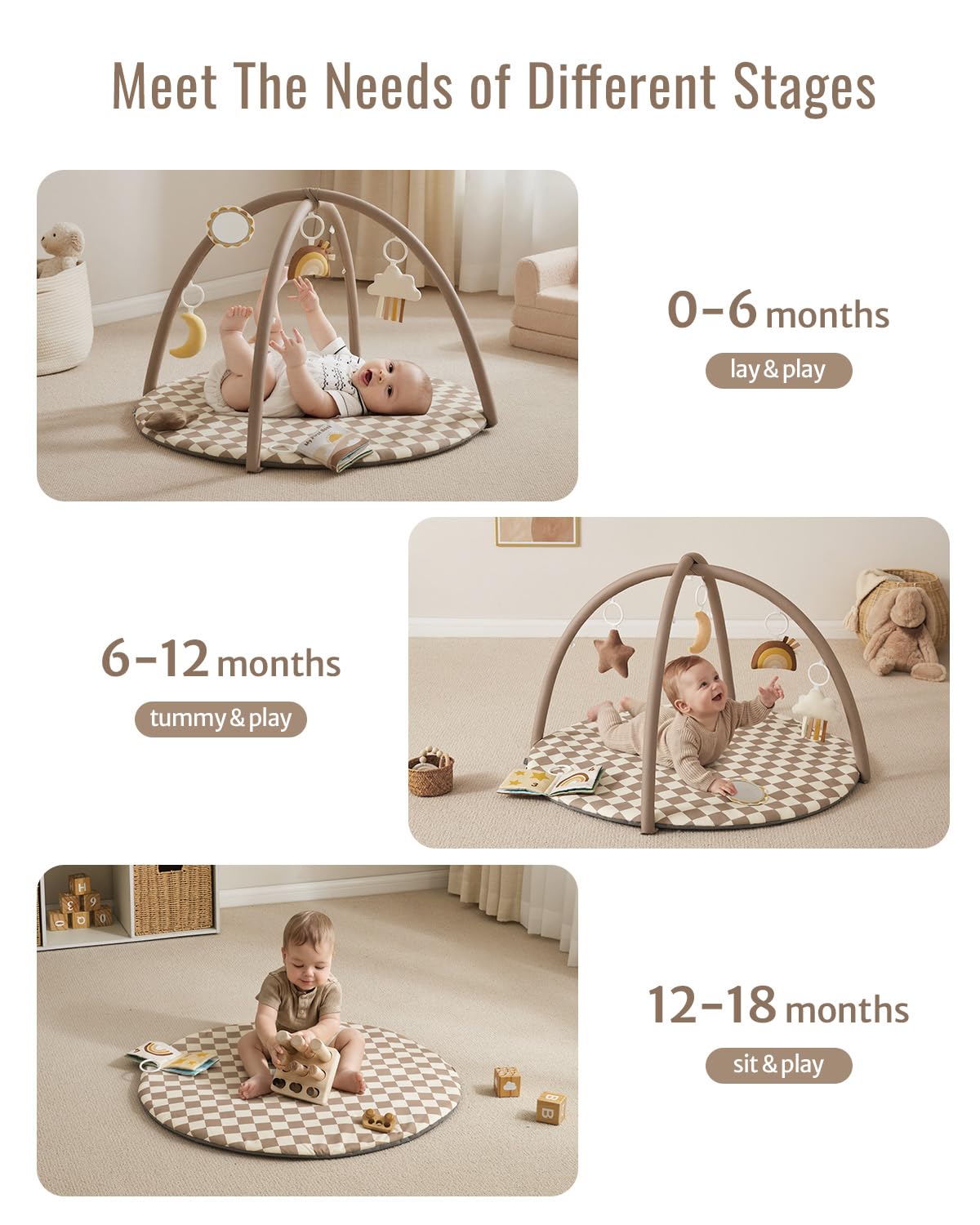 Blissful Diary Palestrina Neonato Con Arco Rimovibile, Palestrina Neonato Montessori Con 6 Giochi - Sviluppo Sensoriale E Motorio Progressivo, Regalo Per Neonati, Ragazze E Ragazzi, Tortora Quadri