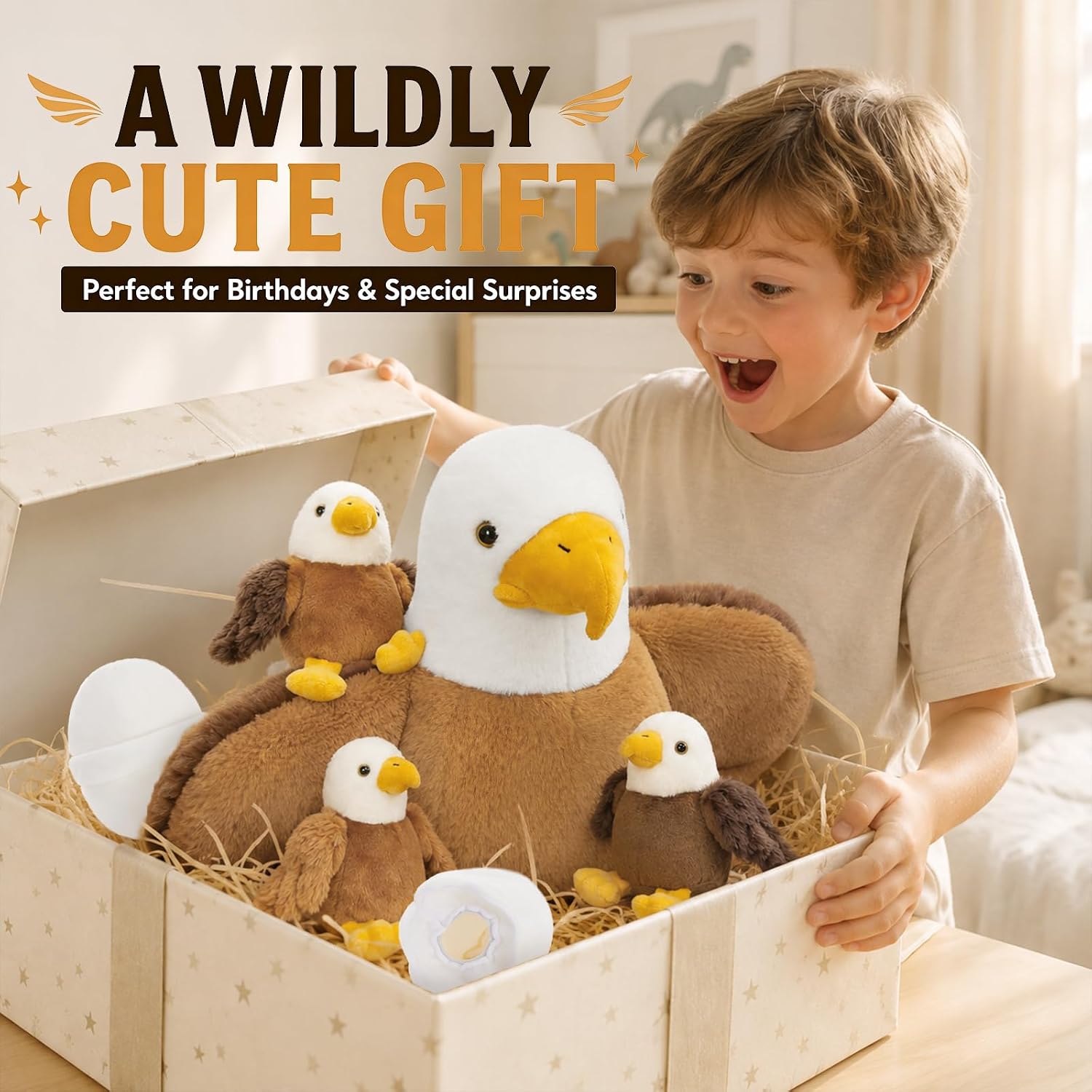 MorisMos Bald Eagle Stuffed Animal, 16 Inch Mama Eagle, 3 Babies & 2 Eggs image 4
