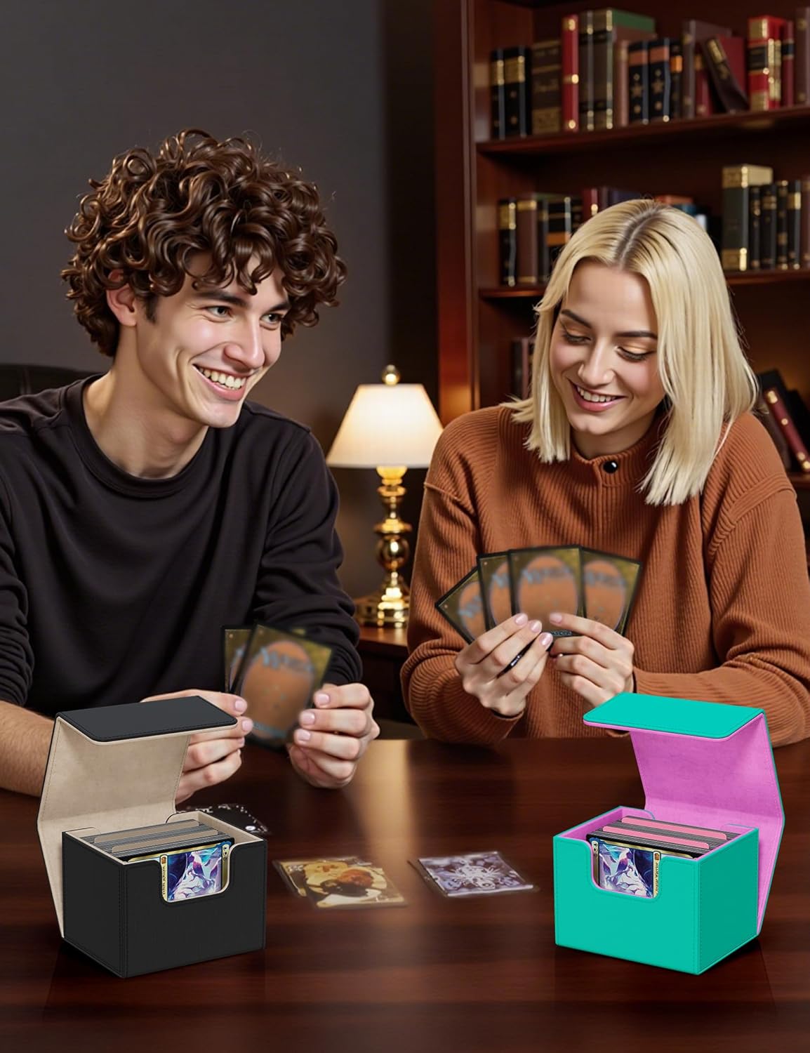 Card Deck Box for Trading Cards, MTG Commander Deck Box Holds 120+ Single Sleeved Cards, Leather Magnetic Card Storage Box Fits for TCG CCG Magic Cards (Black&Gold)