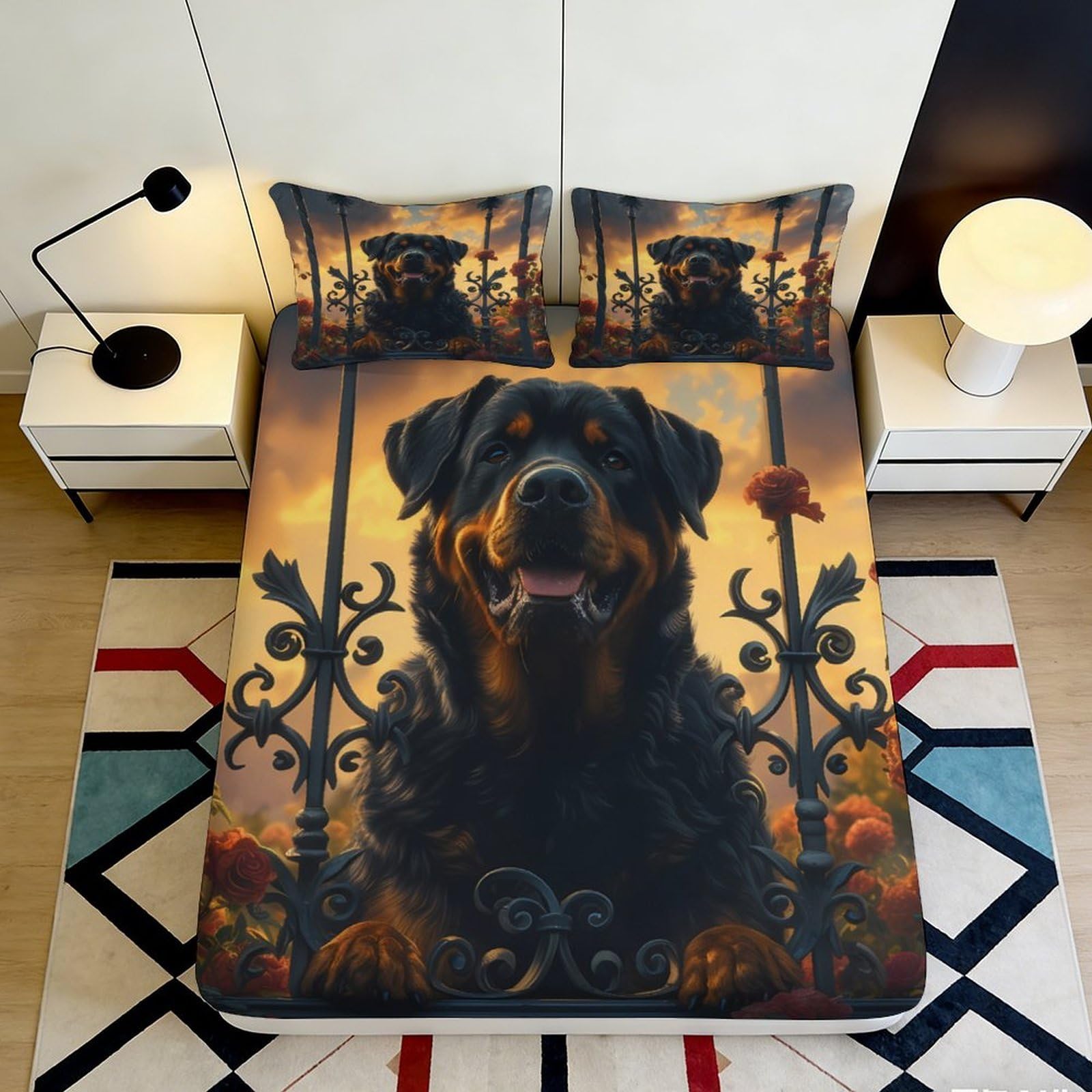 Pnayamiorkfel Style-2 3D Printed Rottweiler Sunset Fitted Sheet Microfiber Anti-Slip Bed Sheet For Bedroom Guest Room Decor Easy Care 90X200x25cm
