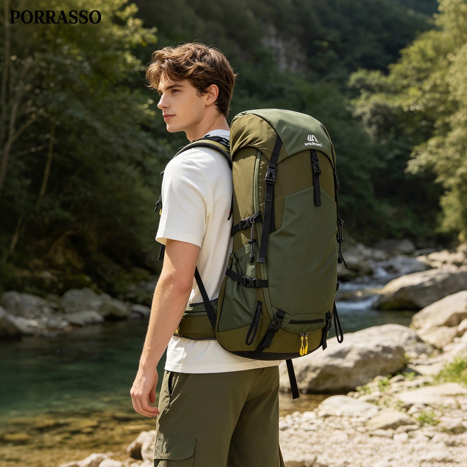 60L Zaino Trekking Zaino Idrorepellente in Nylon Zaini Esterno con Copertura Antipioggia Backpack Viaggio Grande Verde Militare