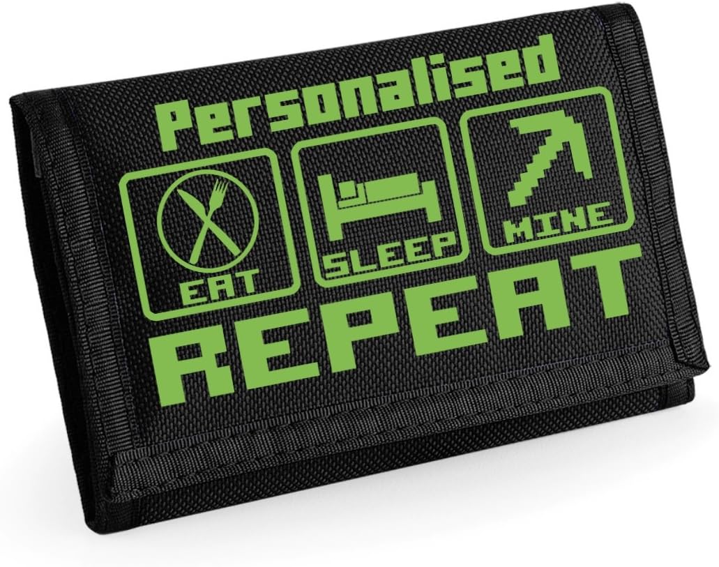Kids Gaming Eat Sleep Mine Repeat Wallet - with Personalisation - Black/Green