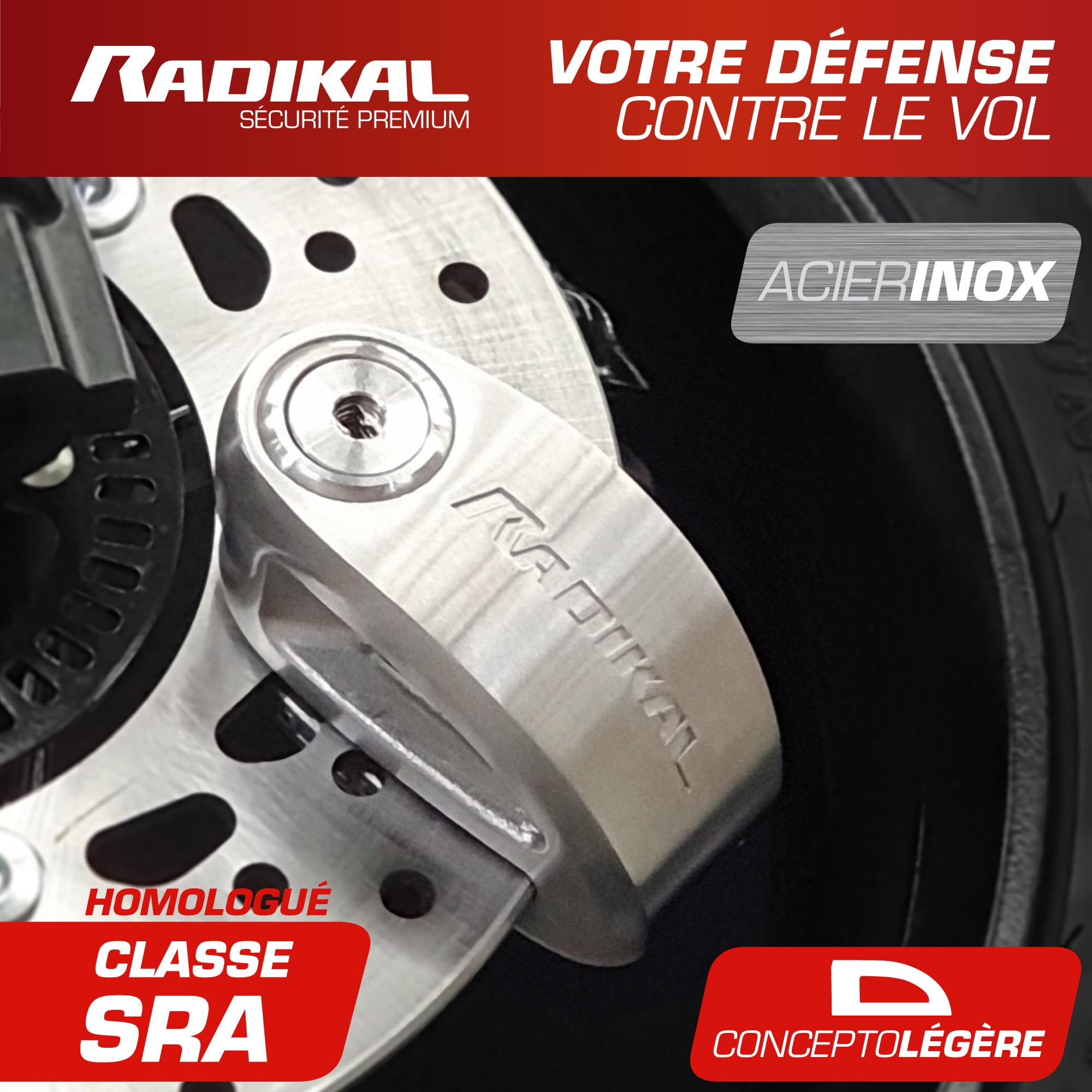 RADIKAL RK310S Antivol Moto Bloque Disque Premium Homologué SRA, Design Exclusif, Serrure Haute Sécurité, Acier Inoxydable, Double Verrouillage ø10mm, Antivol Bloc Frein Roue pour Moto Scooter