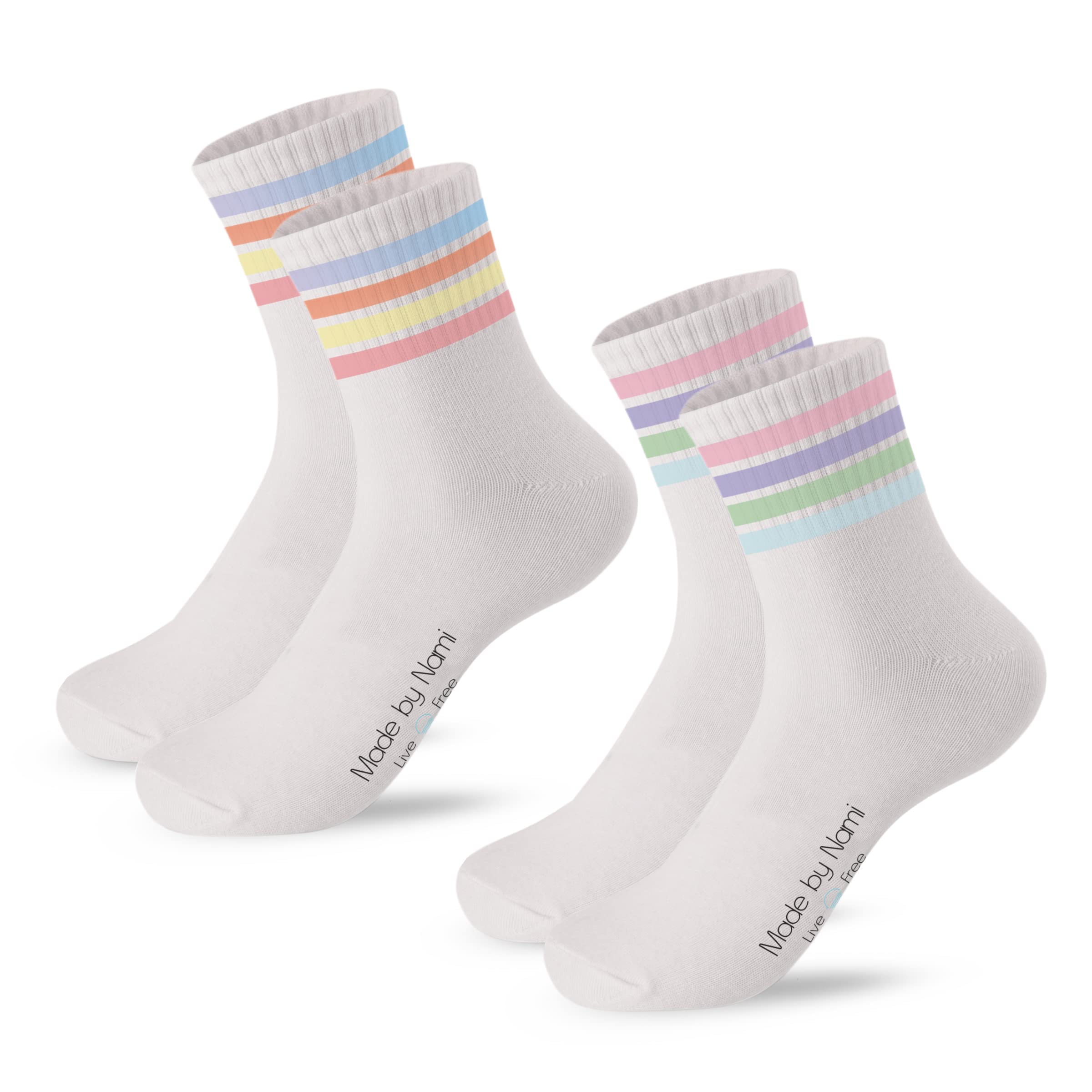 Made by Nami Retro Tennis-Socken 2-er Set - Weiße Crew Socks mit Streifen - Atmungsaktive Baumwoll-Socken Herren Damen