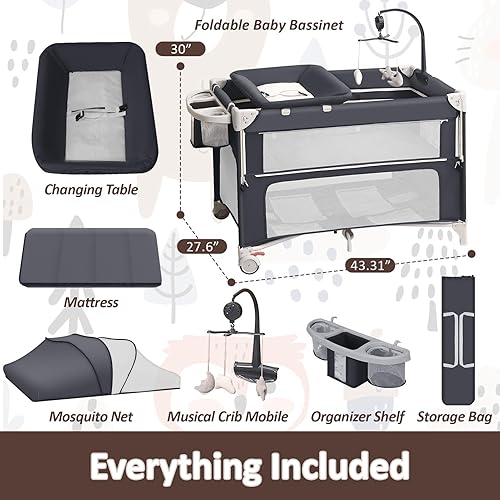 Miniatura 7 de Paquete y juego 5 en 1, moisés plegable para bebé, cuna de noche de un solo empuje, incluye colchón, cambiador, mosquitero, juguete musical y Gris