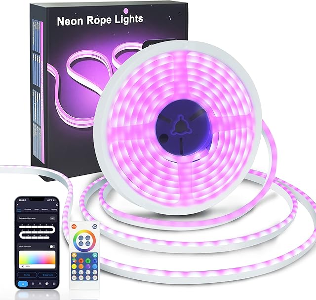 HELLYMOON 3M/10FT Smart LED Neon Rope Strip Light with APP Control & Remote Control, 5V USB RGB Flexible Silicone DIY LED Light, IP67 Waterproof, for Indoors Outdoors Decor(Support 2.4GHz Wi-Fi)