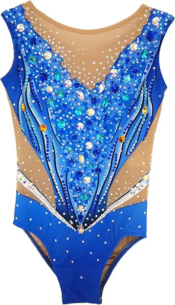 Blue Girls sleeveless Rhythmic gymnastics costumes shine competition performance uniforms