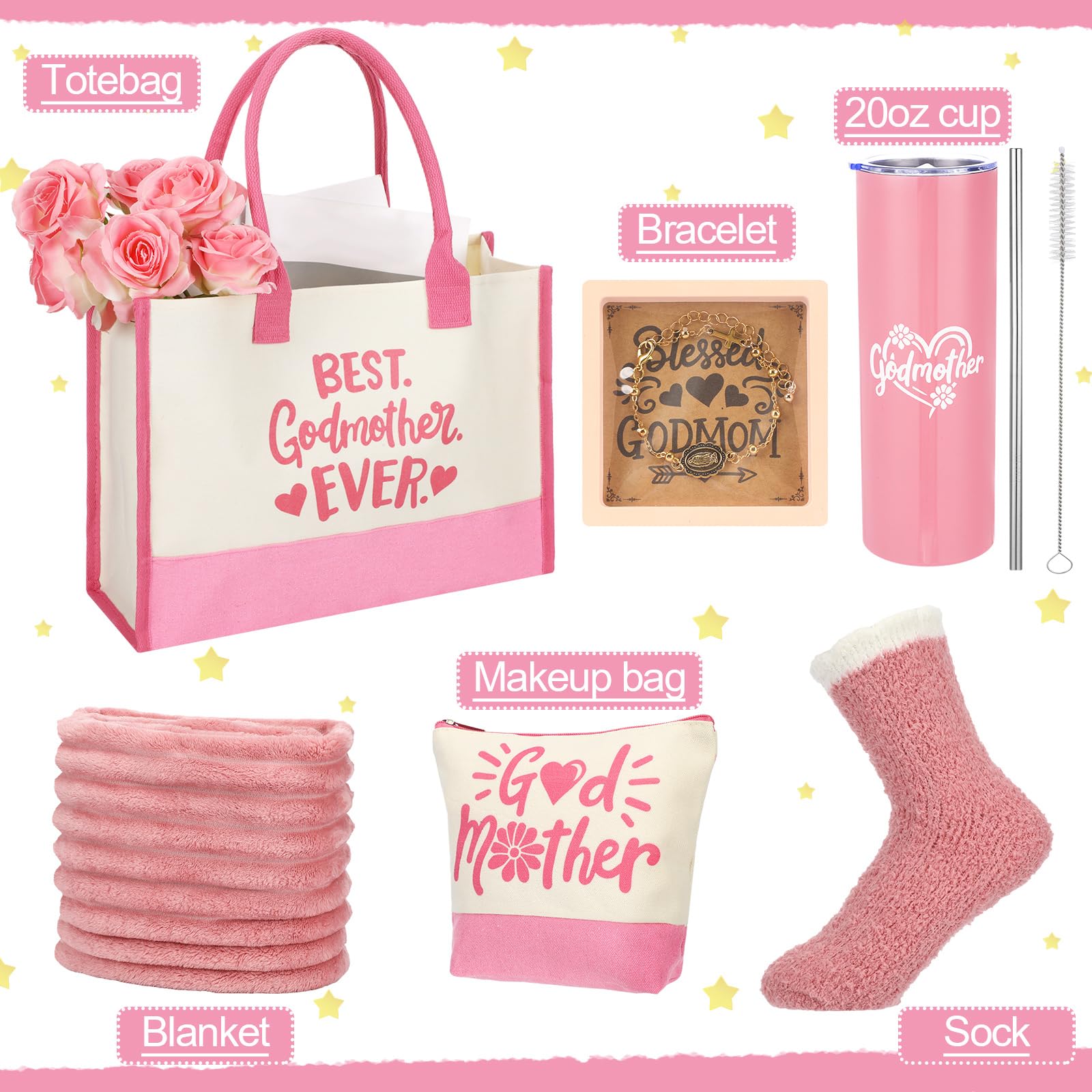 Geiserailie 6 Pcs Godmother Proposal Gift Set Will You Be My Godmother Gift Idea God Mother Gifts for Women Stainless Steel Tumbler Godmom Bag Makeup Bag Blanket Bracelet Socks(Pink)