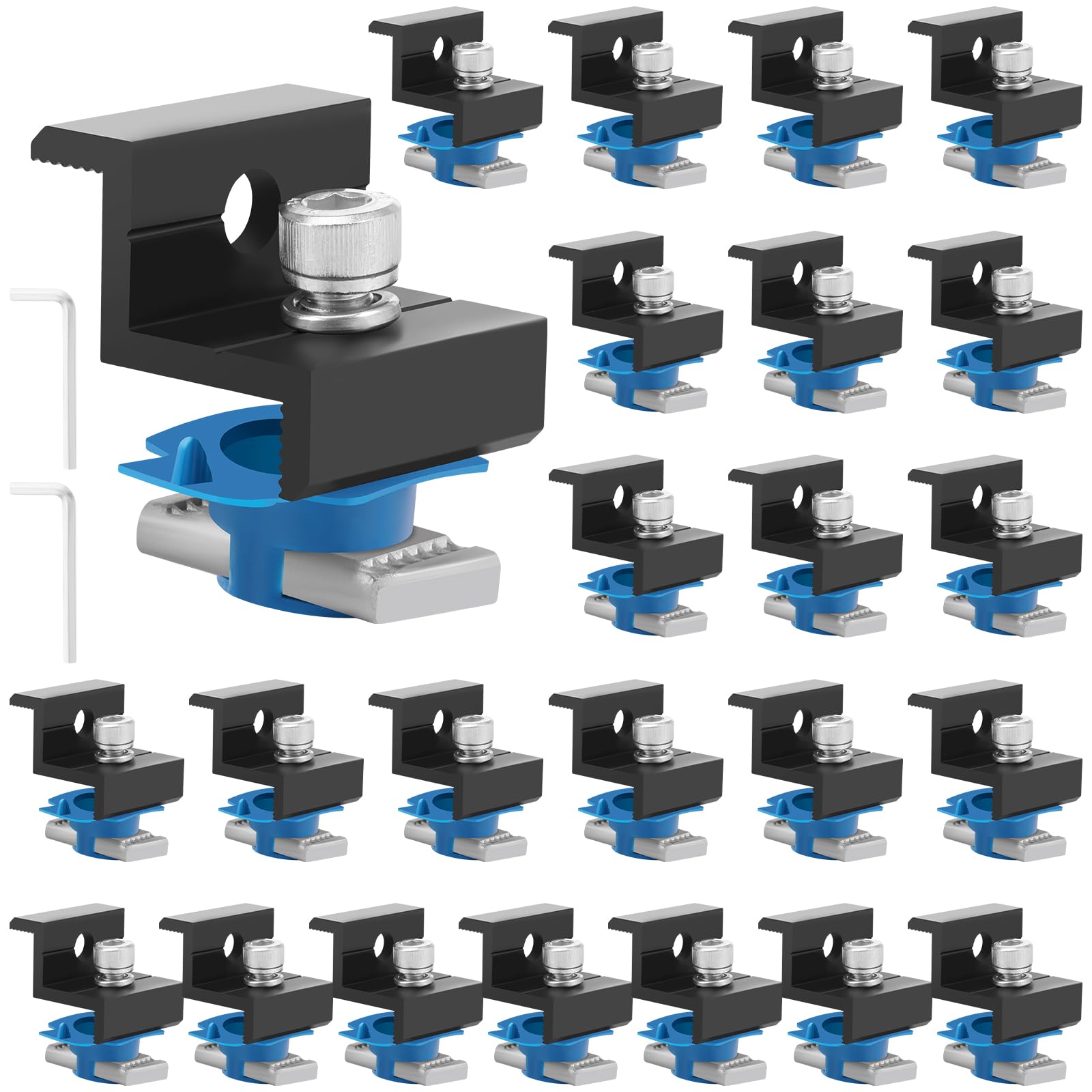 24 zaciski do modułów solarnych, 30 mm, aluminiowe zaciski końcowe modułu PV, konstrukcja z podwójnym otworem, z 2 uchwytami na klucze, mocowanie do panelu słonecznego, mocowania paneli słonecznych do