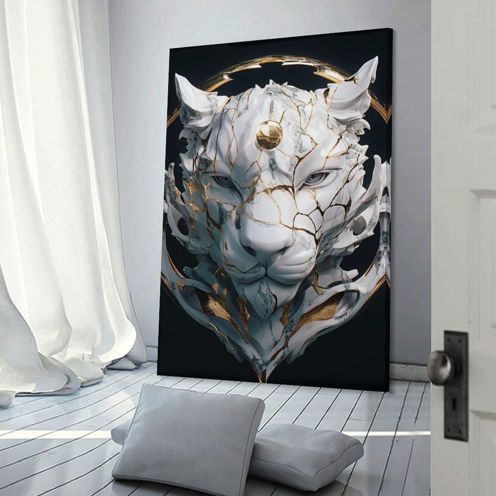 Junmoney Marble Lion Head with Gold Accents Home Decor Wall Art, 20x30inch(50x75cm), for Apartments, Flats Or New Home Decor, An Easy Choice for New Home Styling