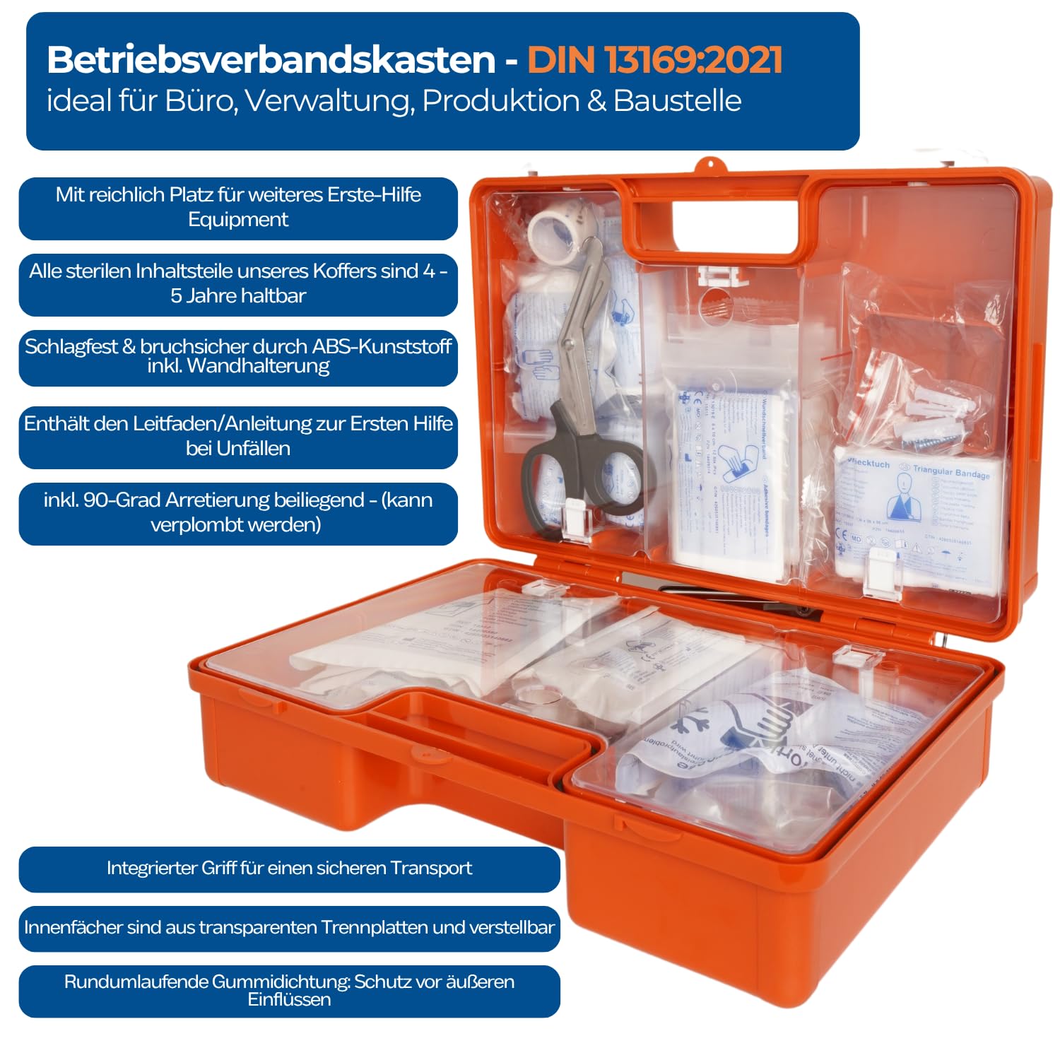 First Aid Products | Erste Hilfe Koffer LARGE Orange | Inkl. DIN 13169:2021 Füllung 167-teilig | ABS-Kunststoff, Schlagfest & Spritzwassergeschützt | Wandhalterung | für große Betriebe