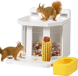 MIXXIDEA Wooden Squirrel Feeder with Water Bowl, Large Capacity Squirrels Feeders for Outside, Sturdy Construction, No Assembly Lovely Chipmunk Feeder for Corn, Peanut, Nuts, Chestnuts (White-1pk)
