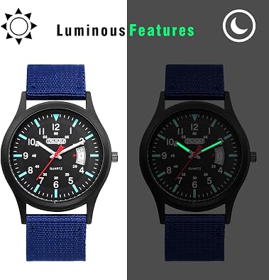 Lancardo Men Analog Quartz Watch: Woven Nylon Band Calendar Luminous Hand Military Time 24 Hours Display Birthday