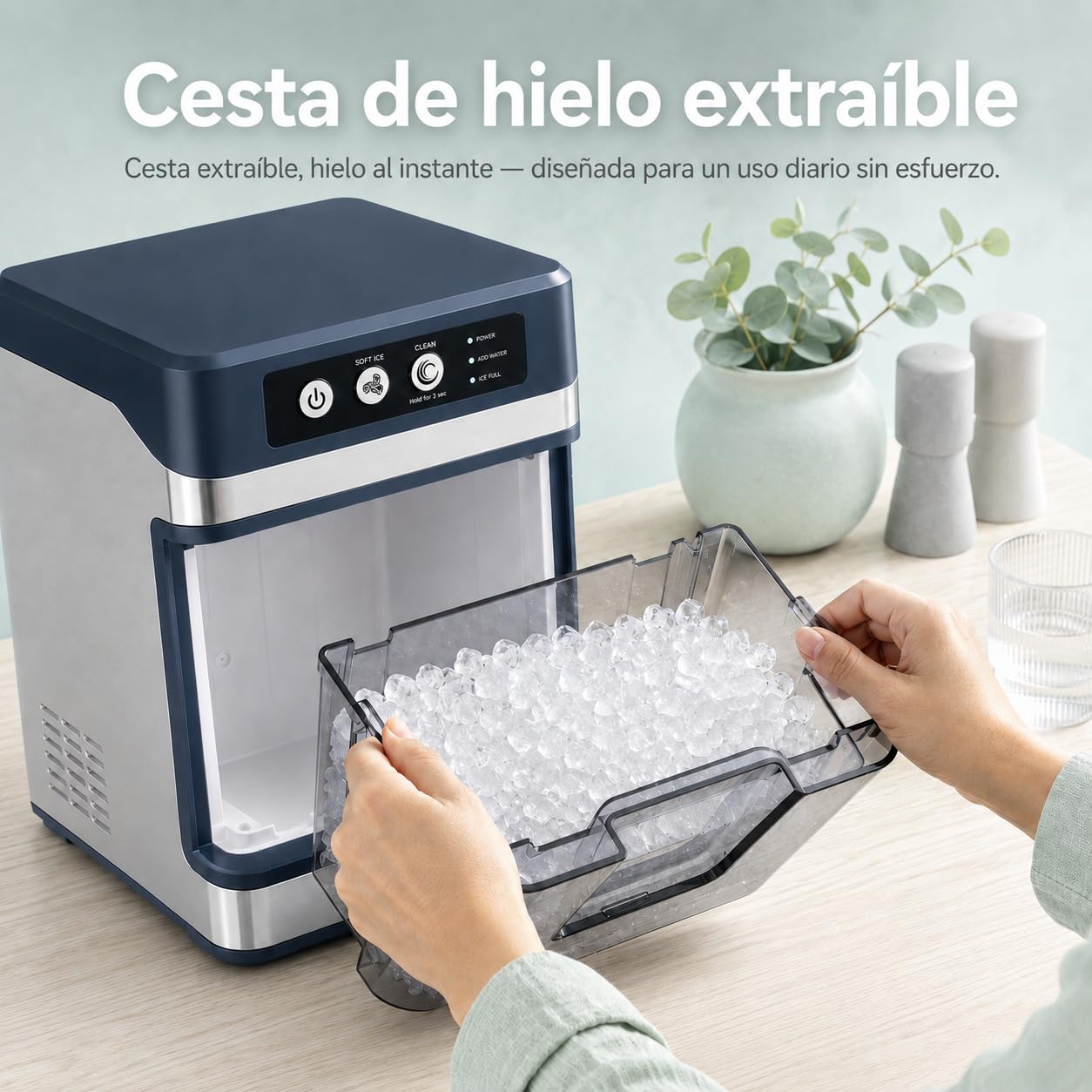 Máquina de Hielo Nugget Masticable, 20kg/24h, Hielo en 8-10 Min | Hielo suave ideal para bebidas, con depósito 1,3L, autolimpieza y diseño compacto para hogar, oficina y fiestas.