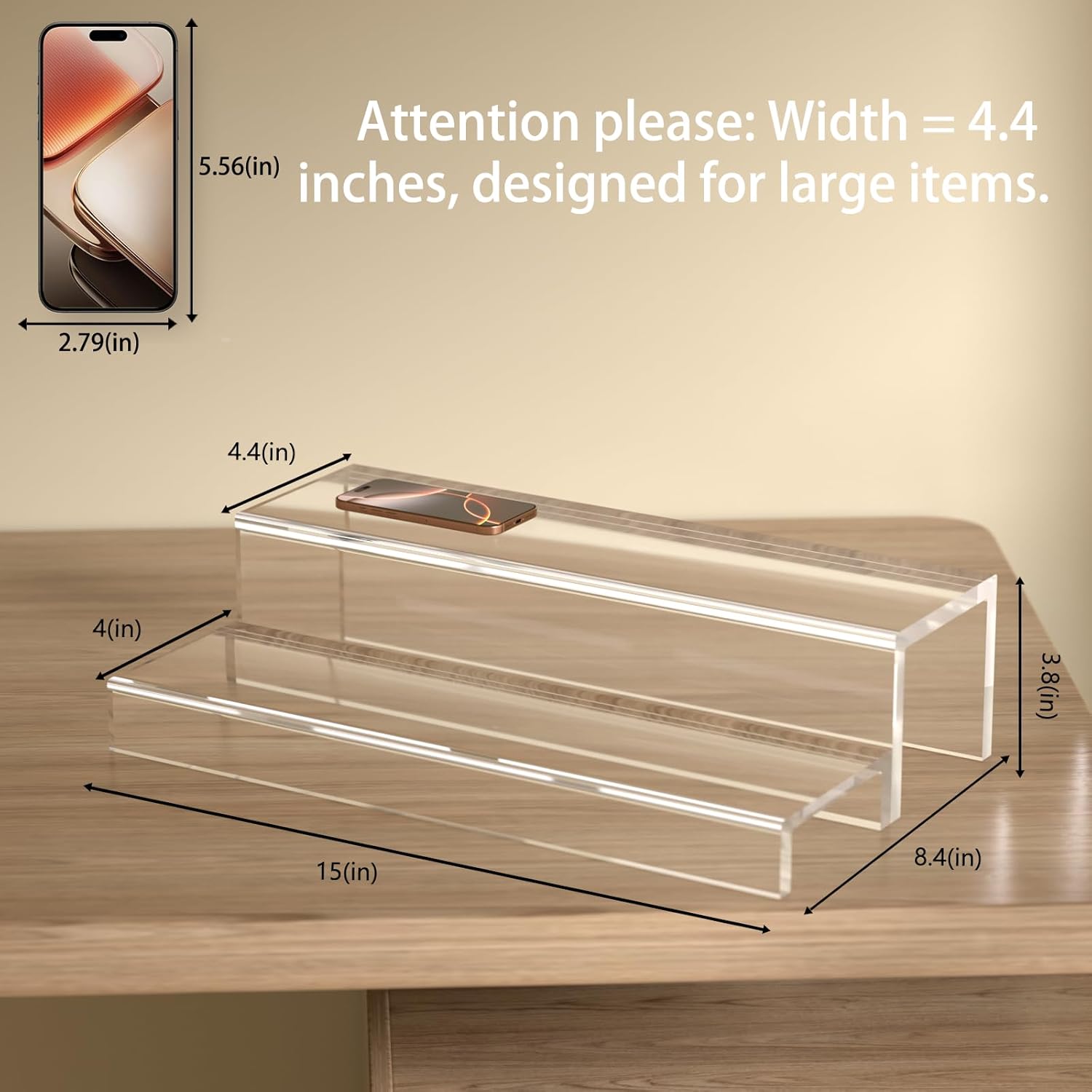 JUESHA 2 Tier Liquor Bottle Display Shelf, 15" Acrylic Bar Shelves Stand for Countertop, Step Alcohol Bottle Organizer for Wine Drinks Whiskey Bar Display (Patent: D1076520s)