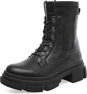 Combat Boots Womens Lace up Ankle Bootie for Women Lug Sole Platform Fashion Chelsea Chunky Block Heel Leather Booties