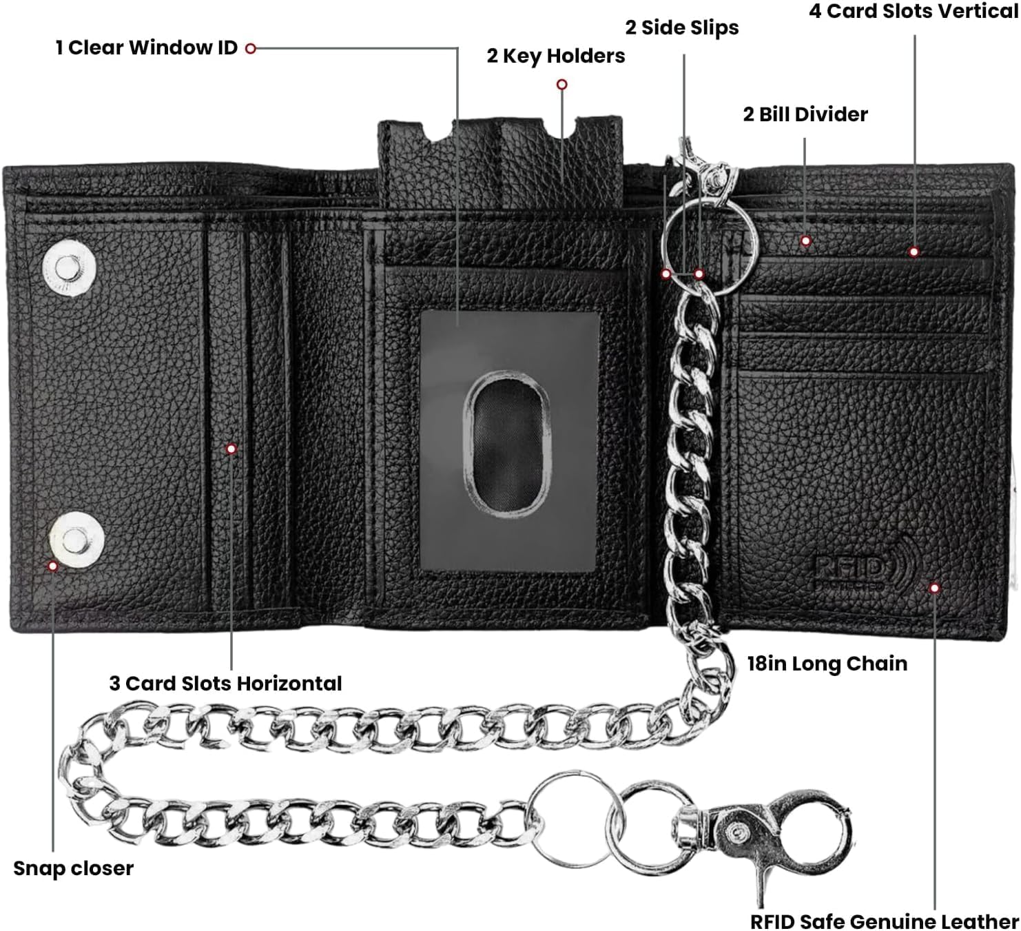 Men’s Trifold Leather Wallet with RFID Blocking – Black Genuine Leather Biker Wallet with Chain, Secure Snap Closure Design in USA New in Box