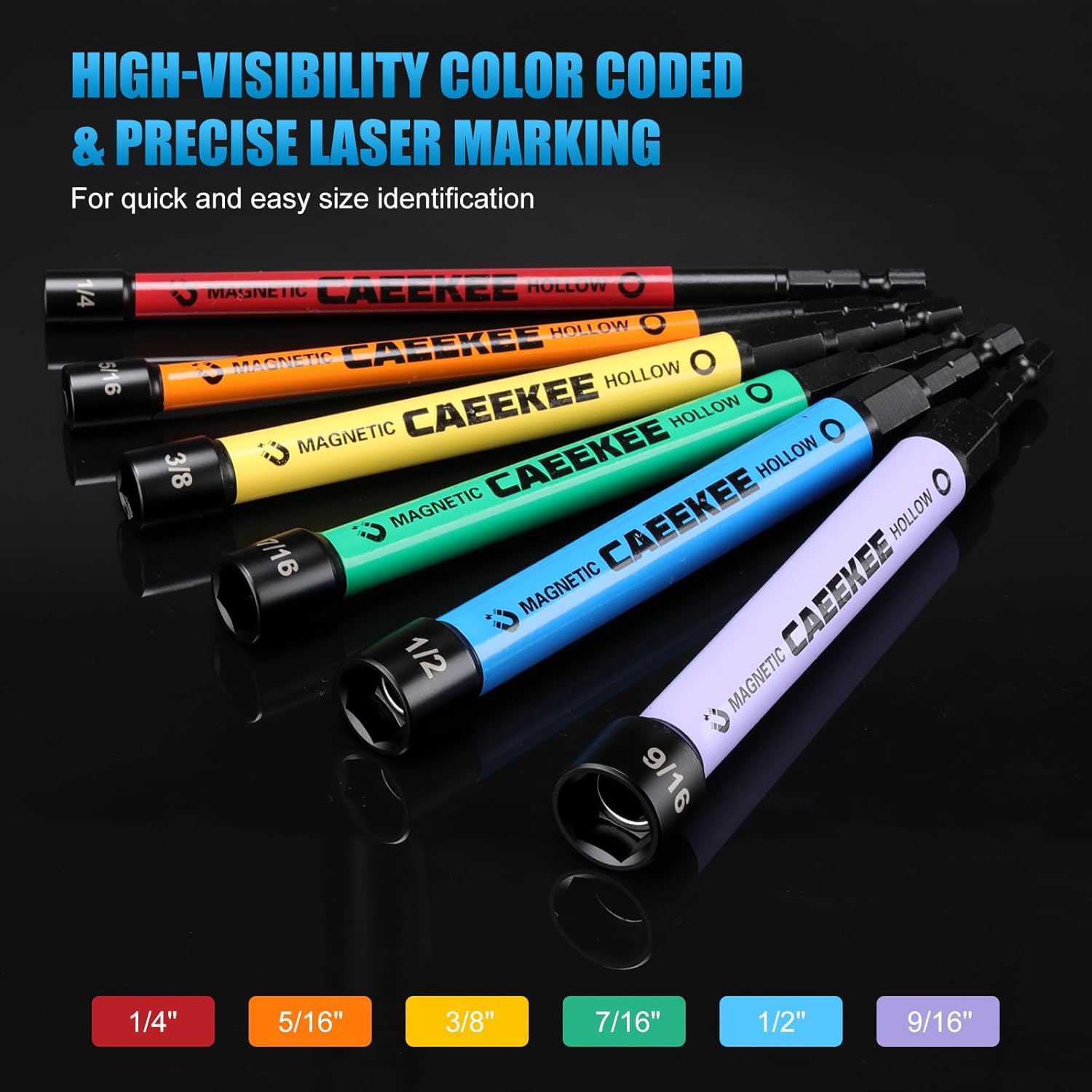 6PCS Magnetic Hollow Power Nut Driver Set, SAE(1/4" - 9/16"), Color Coded, Hex Sizes, Cr-V, 6-Inch Extended Reach Hollow Nut Driver