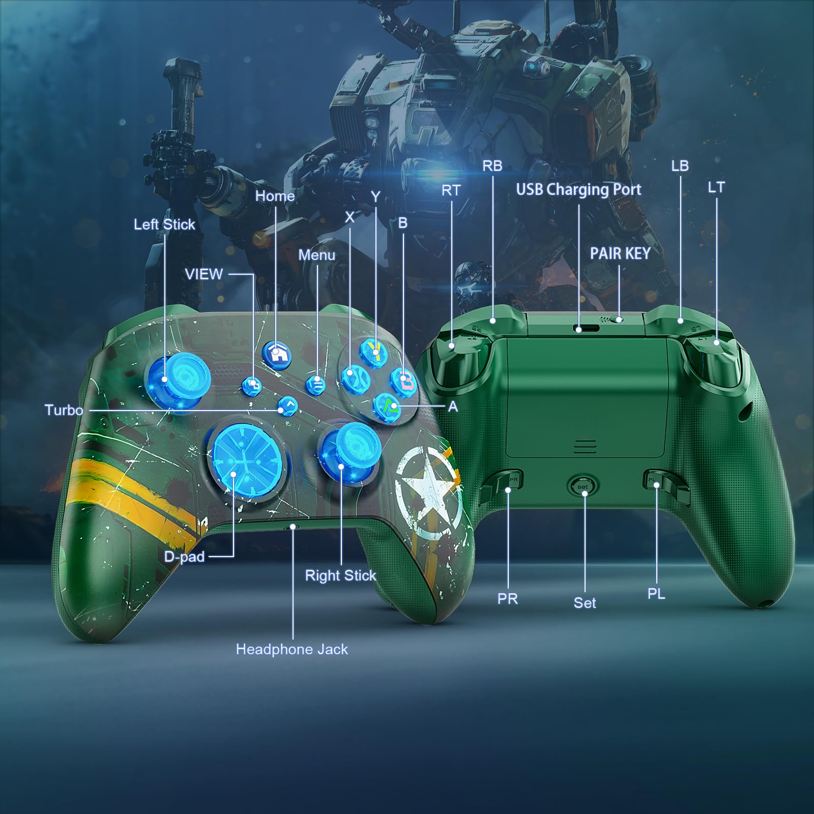 Dinosoo Wireless Controller für Xbox Series X|S, Xbox One, PC, iOS/Android, Bluetooth Kabelloser Gamepad Dual Vibration, TURBO, 3,5mm Audiobuchse, Macro