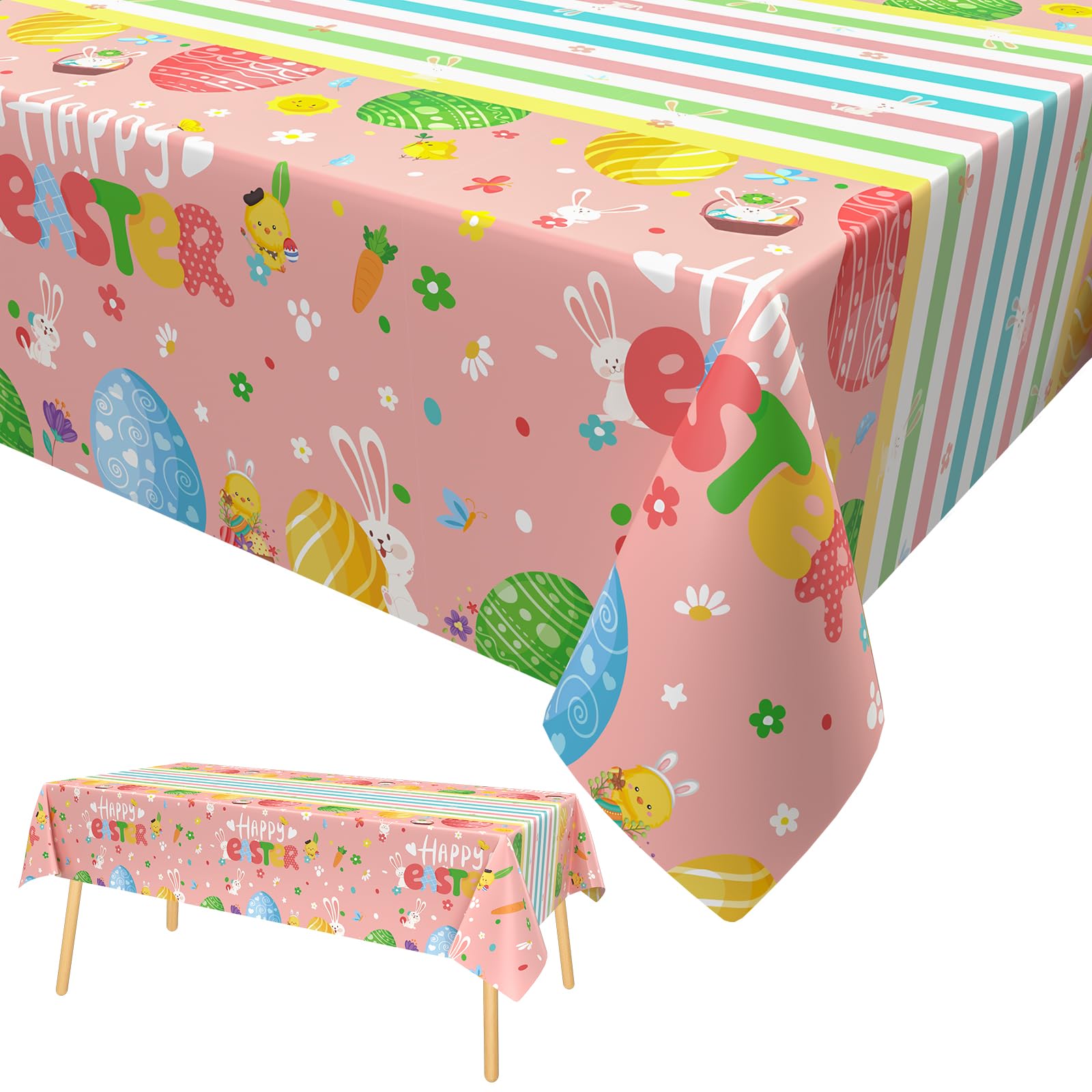 XinveryHappy Easter Tablecloth,Pink Easter Party Tablecloth Bunny Egg Table Cover Plastic Wipeable Tablecloth Easter Table Decor Party Decoration 137 x 274cm