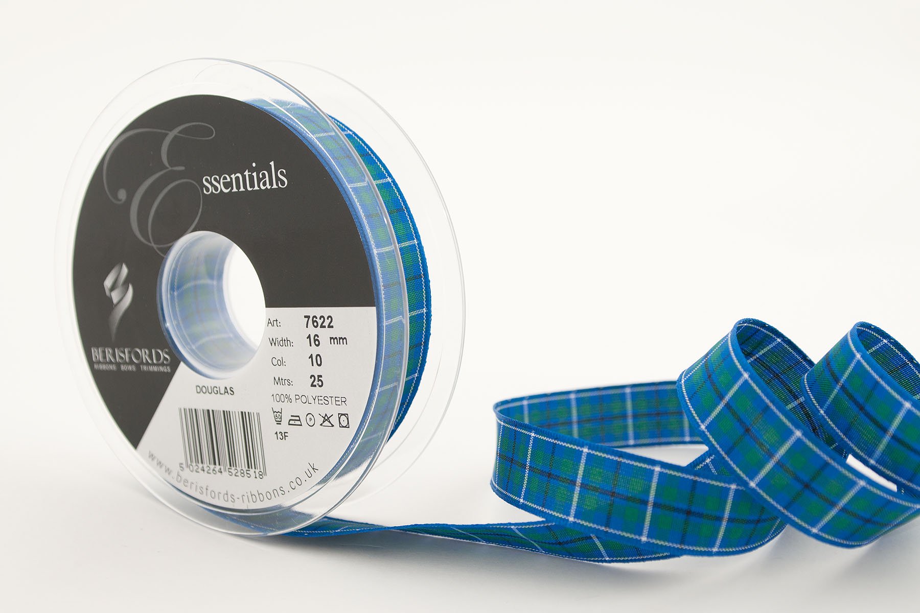 Berisfords Reel of Douglas Tartan Ribbon, 25m long by 16mm wide