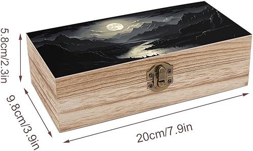 Miniatura 2 de Moonlit Mountain Landscape - Caja de almacenamiento de madera con cerradura con bisagras, baúl decorativo hecho a mano de recuerdo, elegantes cajas