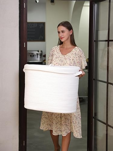 Miniatura 88 de Cesta de almacenamiento rectangular extragrande de 22 x 14 x 18 pulgadas con tapa, cesta de almacenamiento grande de cuerda de algodón, cesta