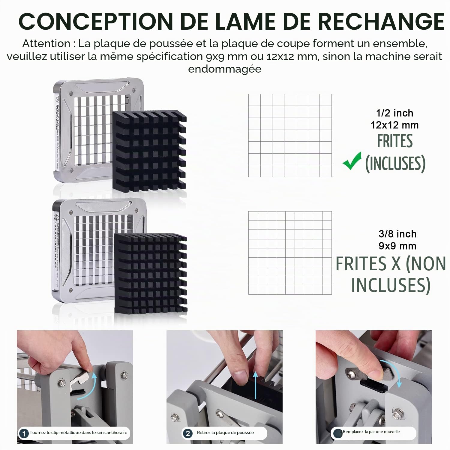 Coupe Frite Professionnel, Sopito Coupe Frites Acier Inoxydable Decoupe Frite avec Lames de 12x12mm, Argent