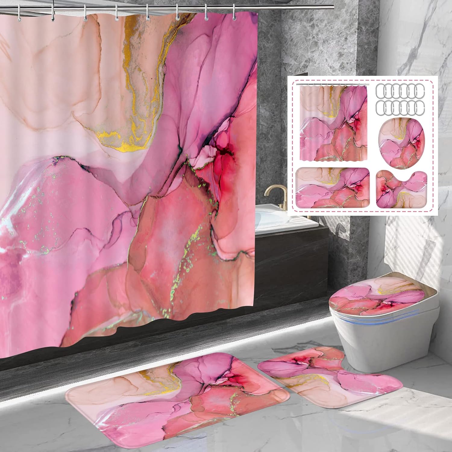 Guassi 4Pcs Pink Marble Shower Curtain Sets, Bathroom Sets