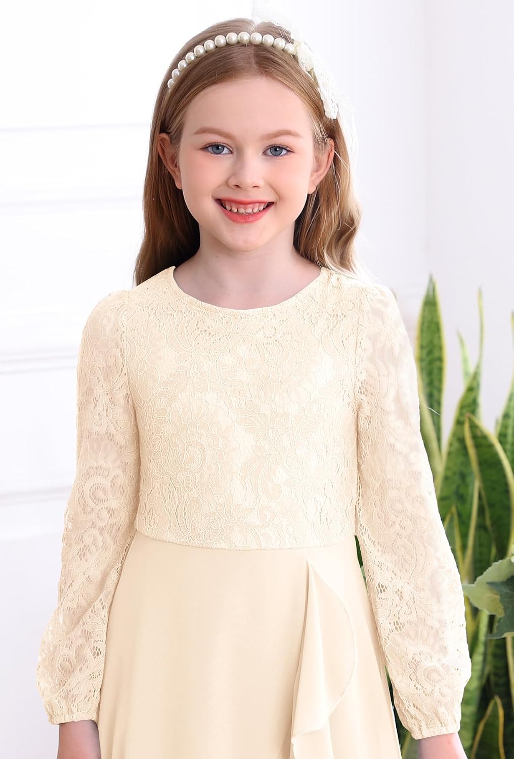 HOSIKA Flower Girls Dress Long Sleeve Floral Lace Chiffon A Line Formal Fall Wedding Party Dresses for 6-12 Years