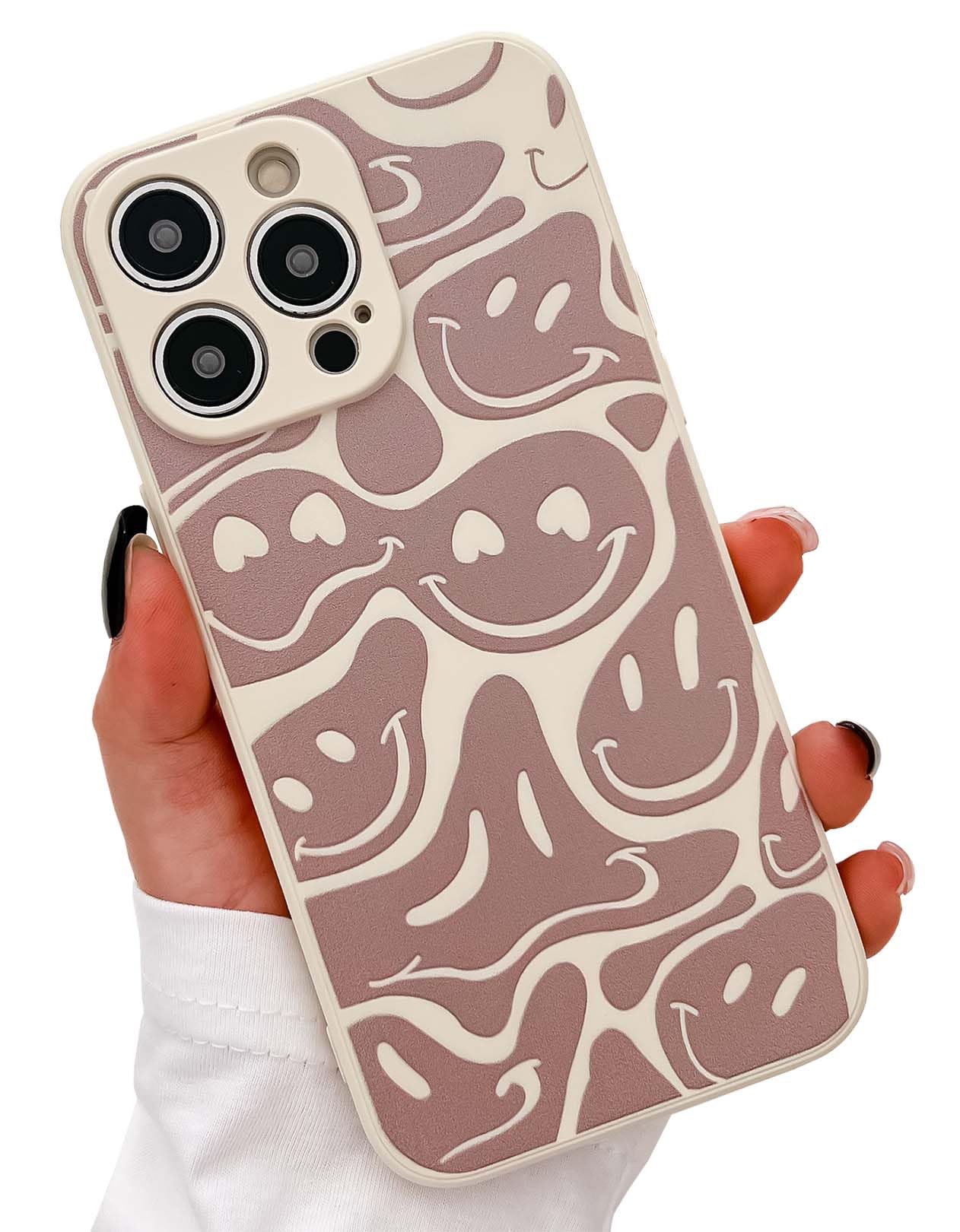 KERZZIL Trendy Smiley Love Pattern Phone Case Compatible with iPhone 14 Pro,Soft Liquid Silicone Girly Cases,Cartoon Grimace Full-Body Protective Microfiber Lining Cover(Koffee)