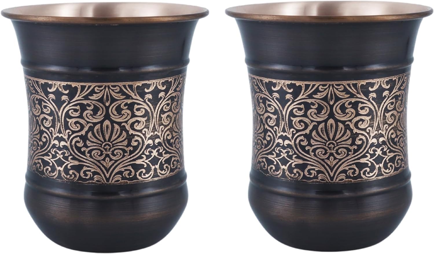 ANCIENTIMPEXCopper Tumbler Set of 2, Floral Pattern, 250 Ml (8.45 US Fluid Ounce) Capacity for Ayurveda Health Benefits (Curved)