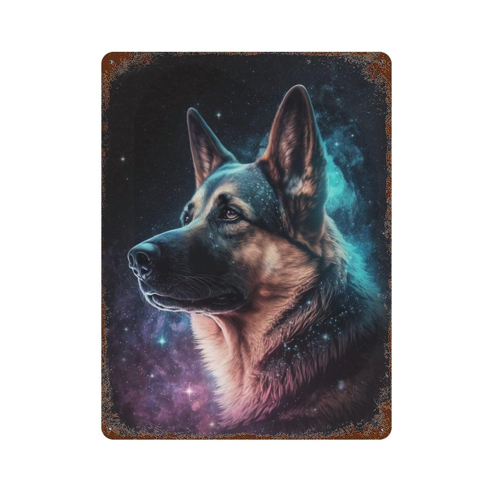 Rust Effect Galactic German Shepherd Art Print -3 Weathered Tin Sign 15.7"x11.8", Shabby Chic Decor for Patio, Garden Room And Bar Decor