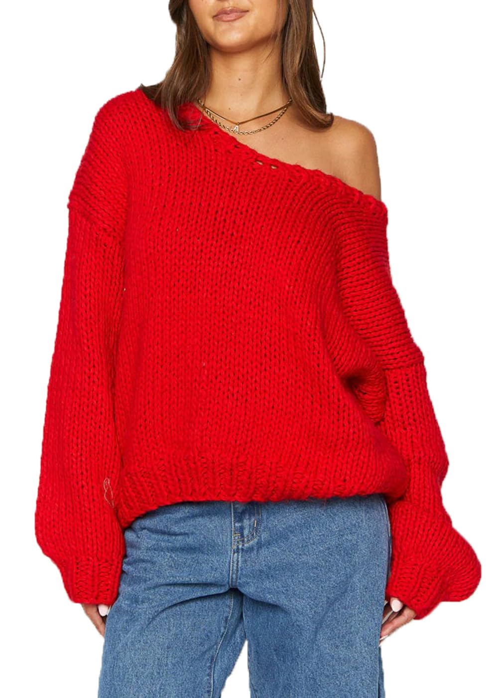 Joyfunear Womens Oversized Crewneck Off The Shoulder Long Sleeve Fall Thick Chunky Loose Knit Sweater Pullover Tops