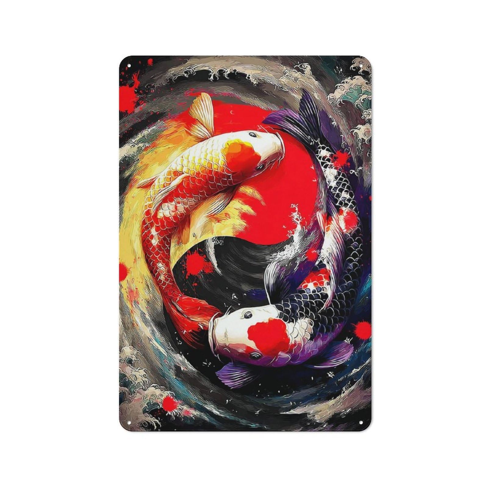 Industrial Koi Fish Yin Yang Artwork Tin Sign 30x20cm, Garage Wall Decor for Garage, Hobby Room, Office Or Man Cave