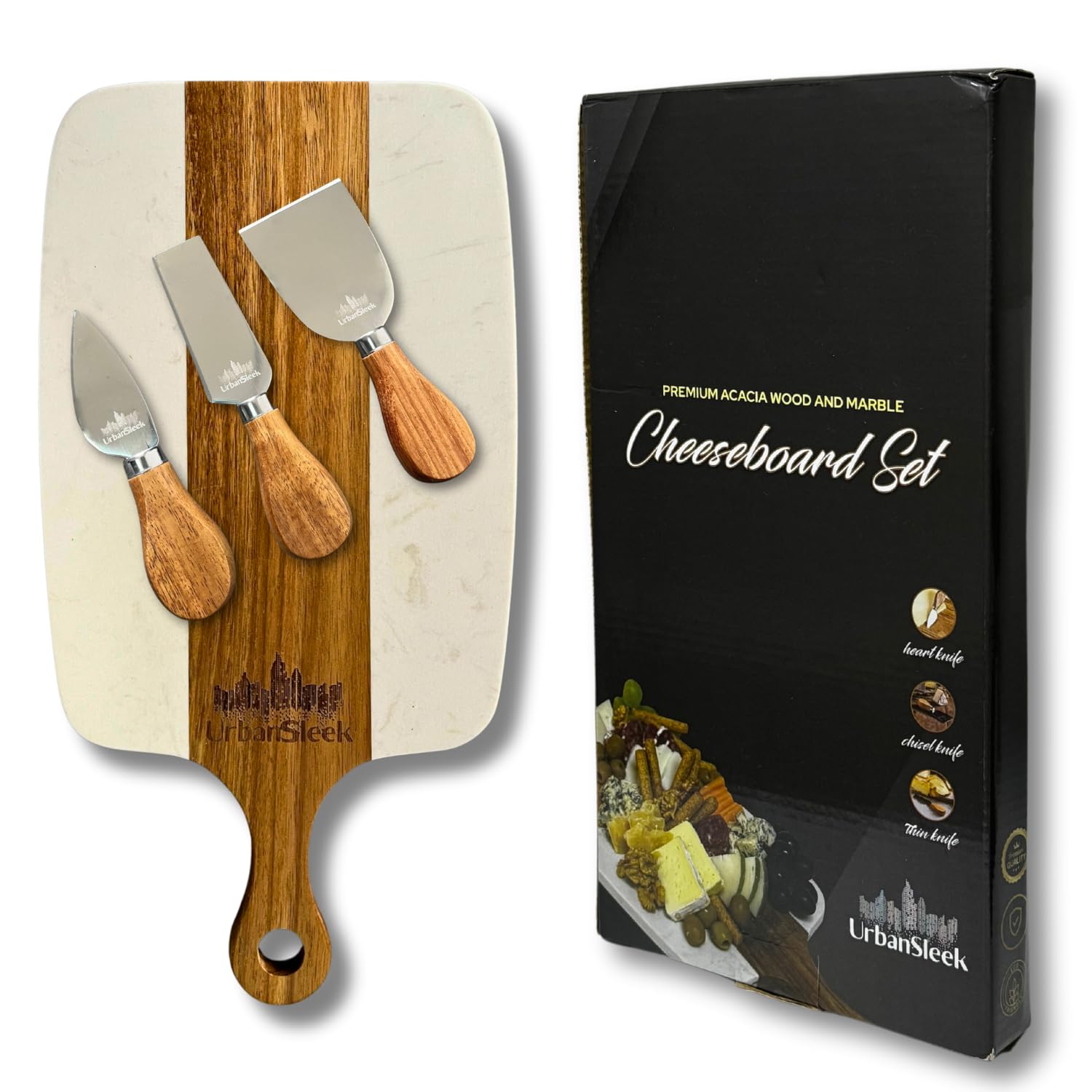 Tabla de Cortar Quesos y Charcutería con Cubiertos, Material: Madera de Acacia Antibacterial, mármol cultivado, Acero Inoxidable. Set Completo en una Caja de Regalo Elegante