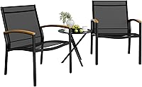 Shintenchi 3-Piece Patio Bistro Set with Rocking Chairs, Breathable Textilene Fabric & Tempered Glass Table - Black for Balcony, Garden