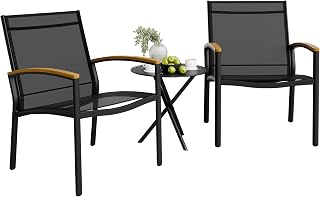 Shintenchi 3-Piece Patio Bistro Set with Rocking Chairs, Breathable Textilene Fabric & Tempered Glass Table - Black for Balcony, Garden