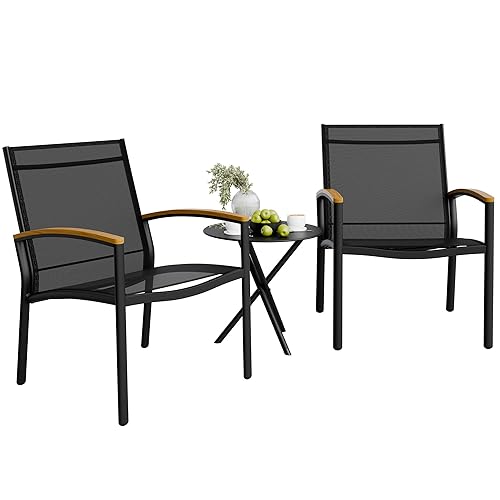Shintenchi 3 Pieces Patio Bistro Sets, Outdoor Textilene Fabric Conversation Bistro Set, Textilene Fabric Front Porch Chairs Small Patio Furniture Set with Table for Lawn,Garden,Balcony (Black) - Black