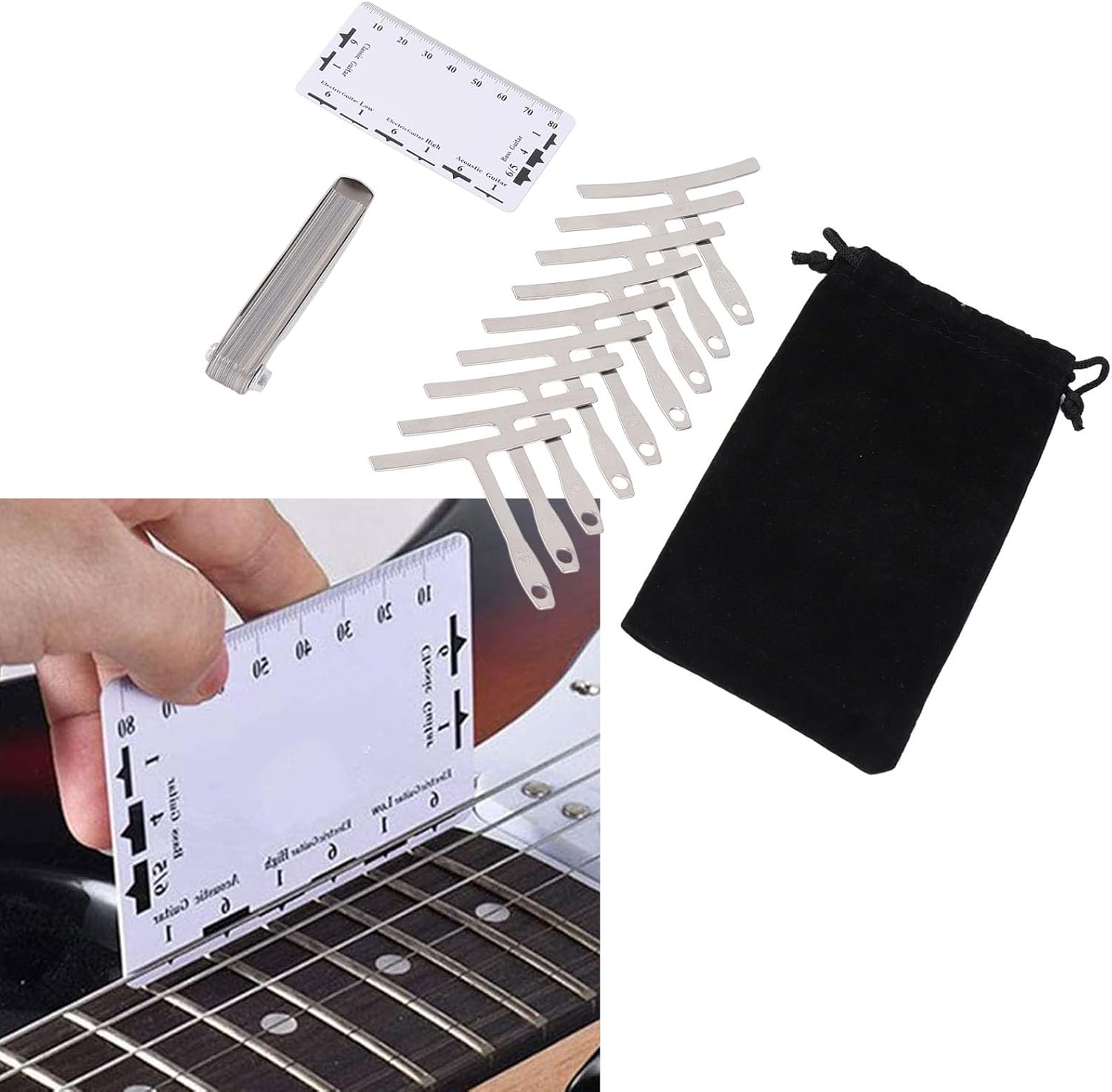 Pilipane Fretboard Radius Ruler String Action Height Gauge Guitar Measurement Tool Set Stainless Steel Foldable Feeler Gauge for Electric Bass Acoustic Guitars Professional Luthier Repair