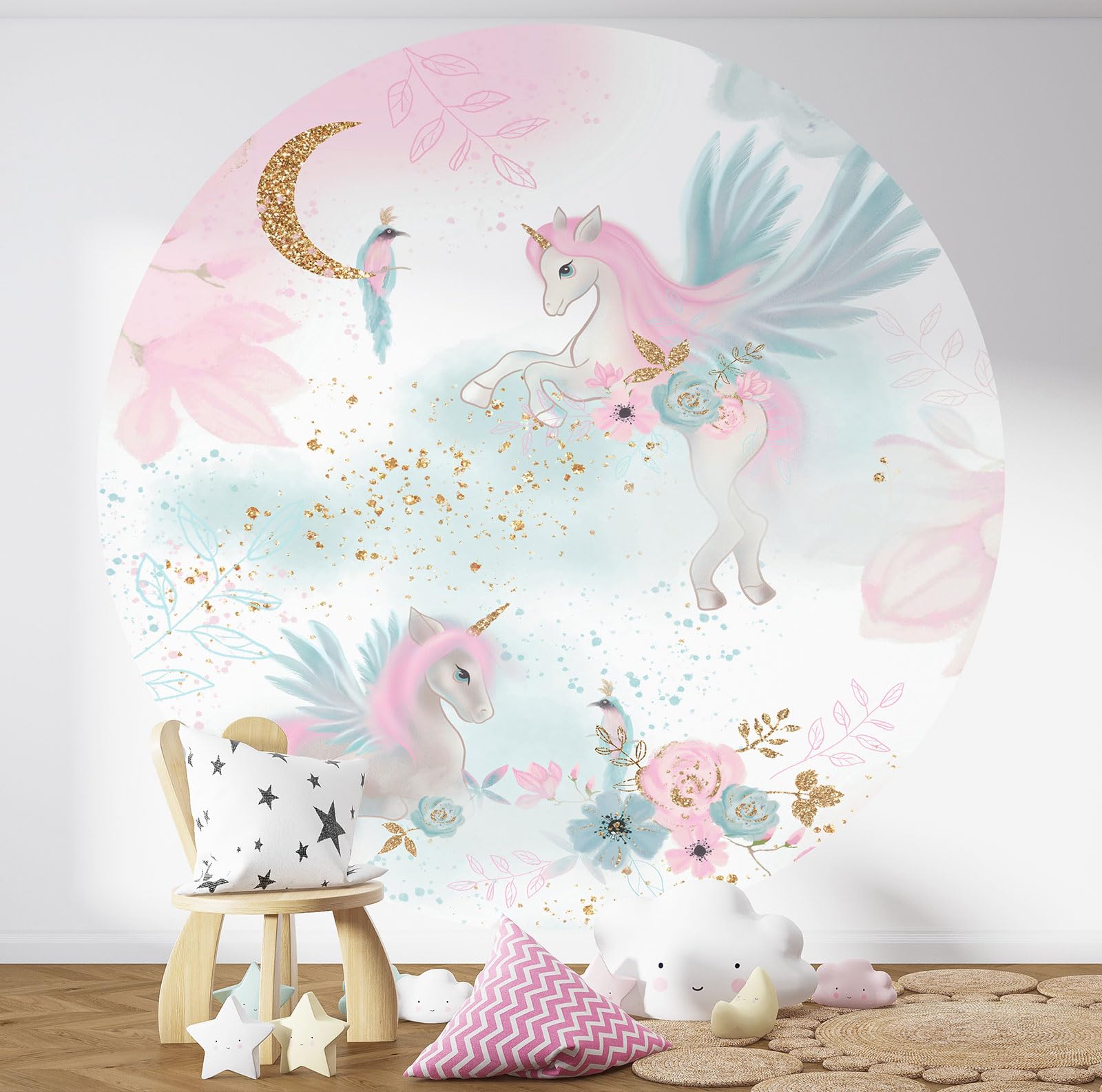 Papier peint rond enfants licornes pour grands rêves