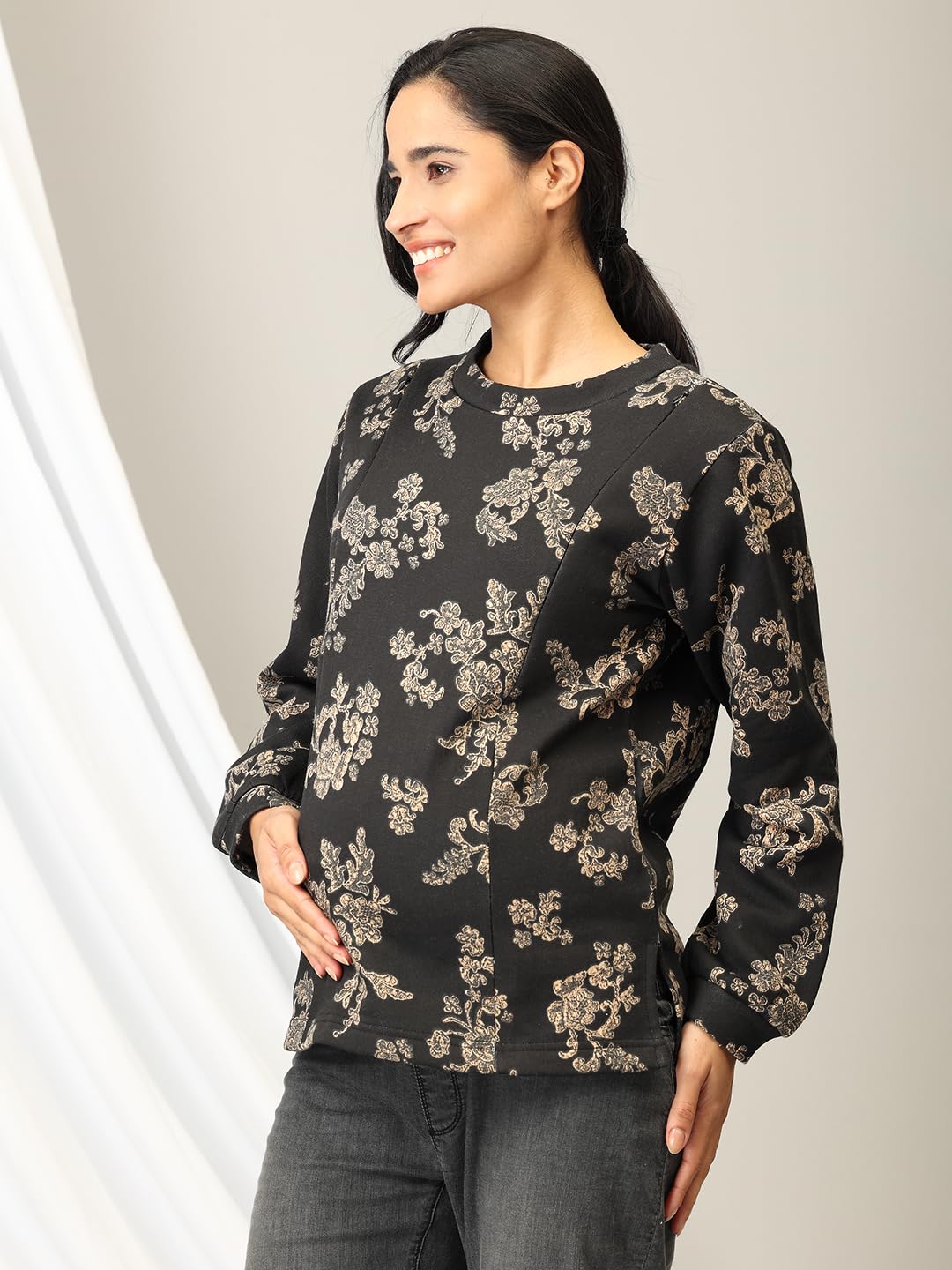The Mom Store Maternity and Nursing Winter Wear Sweatshirt | Feeding Sweatshirt for Pre and Post Pregnancy | Top | Bloom in The Dark, Black | S 2