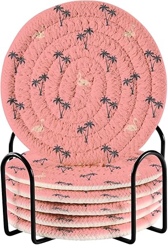 innewgogo Flamingo Pink Tropical 6 Pcs Absorbent Drink Coasters for Tabletop Protection Handmade Round Woven Coaster with Holder & Heat Water
